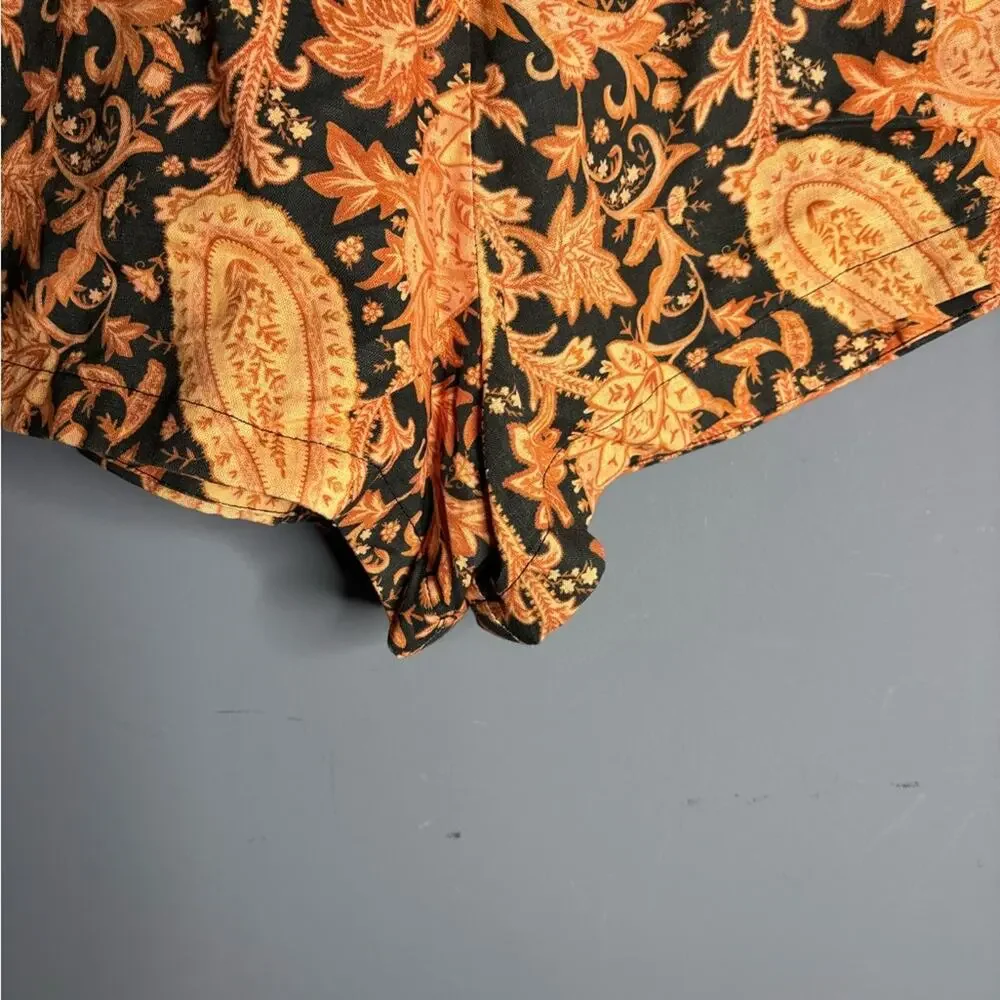 Charlie Holiday Black and Tan Paisley Print High Waist Belted Shorts 6